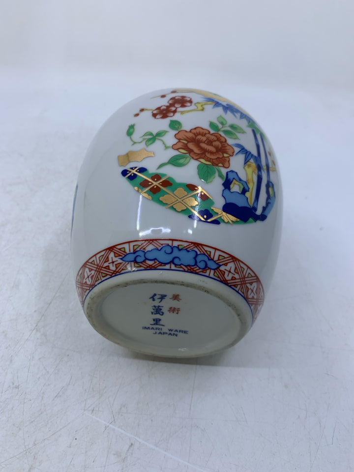 WHITE VASE W/ RED/DARK BLUE DETAILS & BIRDS.