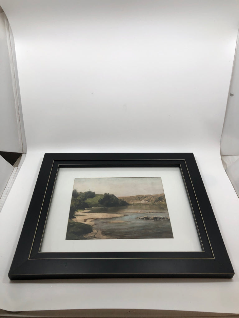 LAKE WITH GREEN TREES FRAMED PRINT.