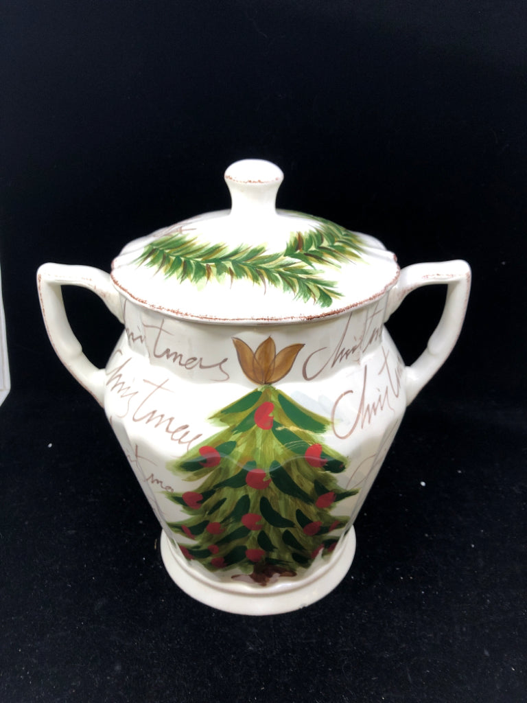 CHRISTMAS TREE COOKIE JAR W HANDLES.