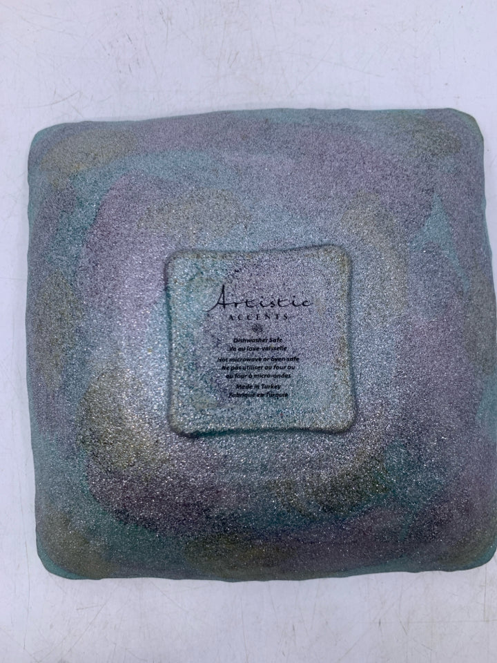 SQUARE GLASS BOWL W/ SPARKLE TEAL PURPLE YELLOW.