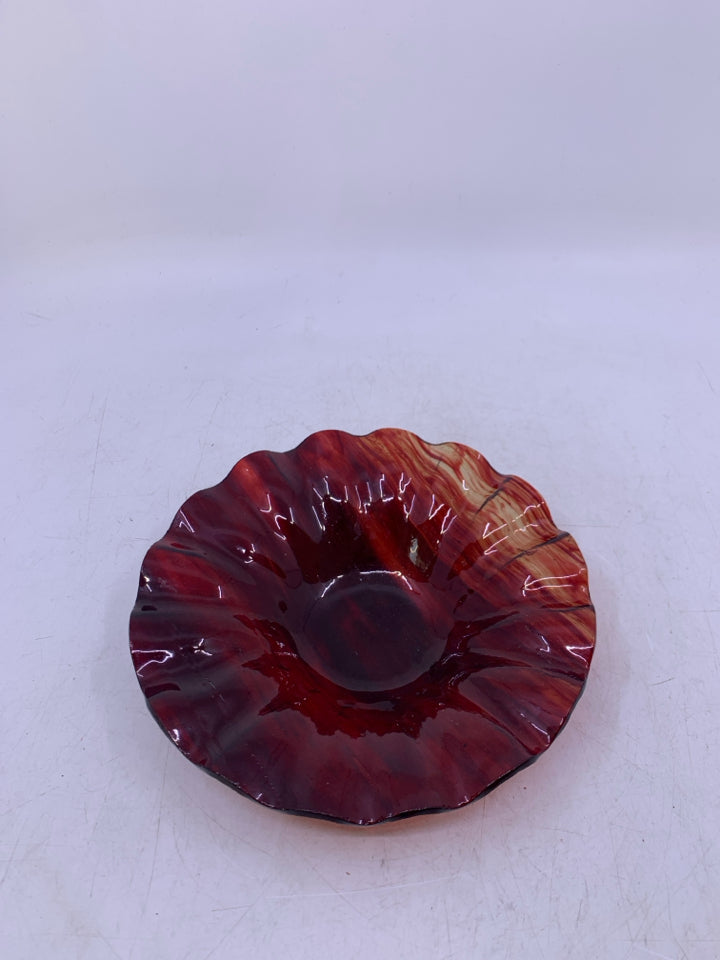 DARK RED GLASS SHALLOW CATCH ALL DISH W/ RUFFLED EDGE.