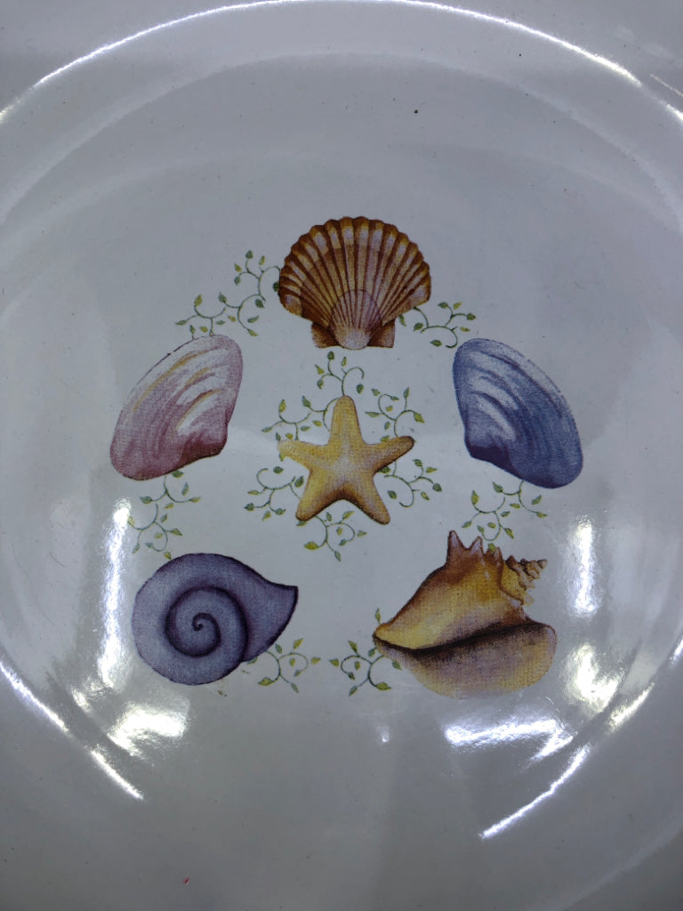 LARGE WHITE SHALLOW SERVING BOWL W SEASHELLS.