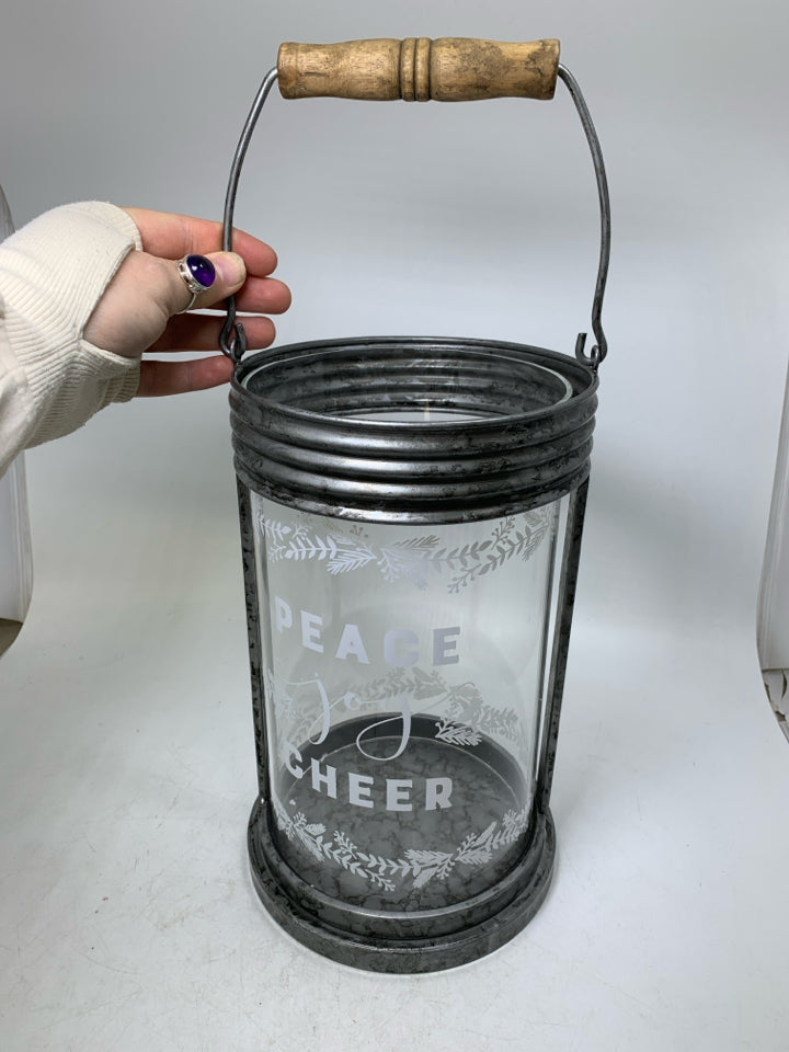LARGE GALVANIZED PEACE JOY CHEER GLASS INSERT CANDLE HOLDER.