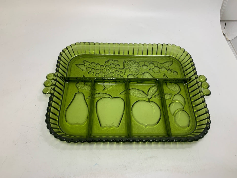 VTG DIVIDED GLASS TRAY W/ EMBOSSED FRUIT W/ HANDLES.