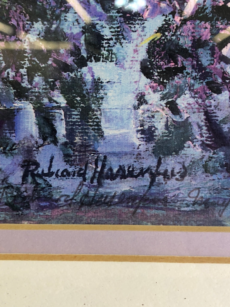 PURPLE FLOWERS COTTAGE FRAMED PAINTING- SIGNED.