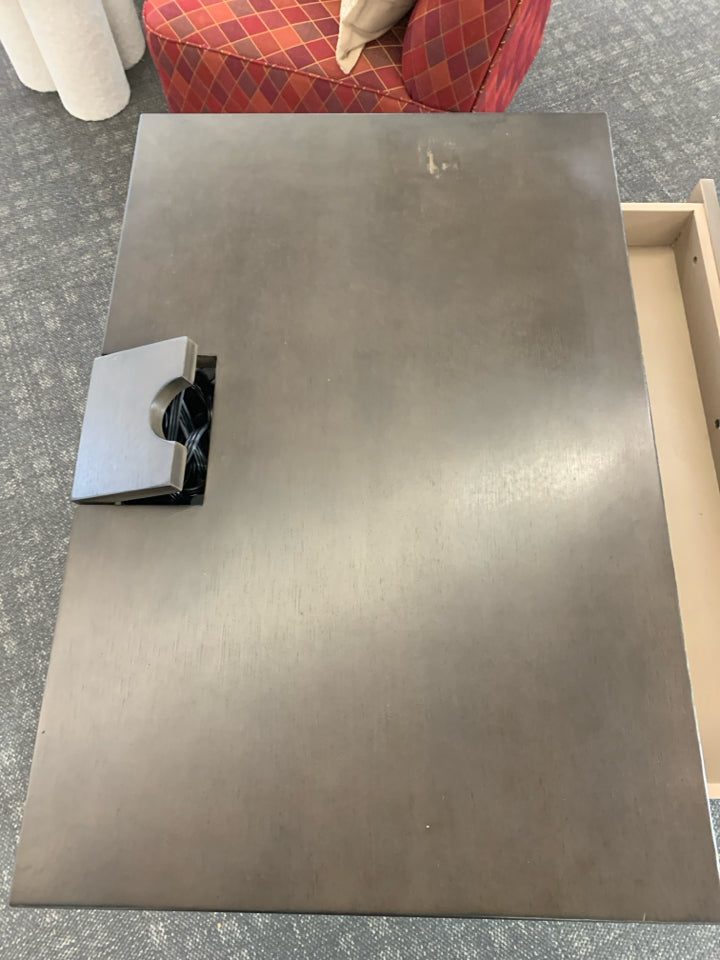 DK WOOD WRITING DESK AND CHAIR W/OUTLETS LAP DRAWER.