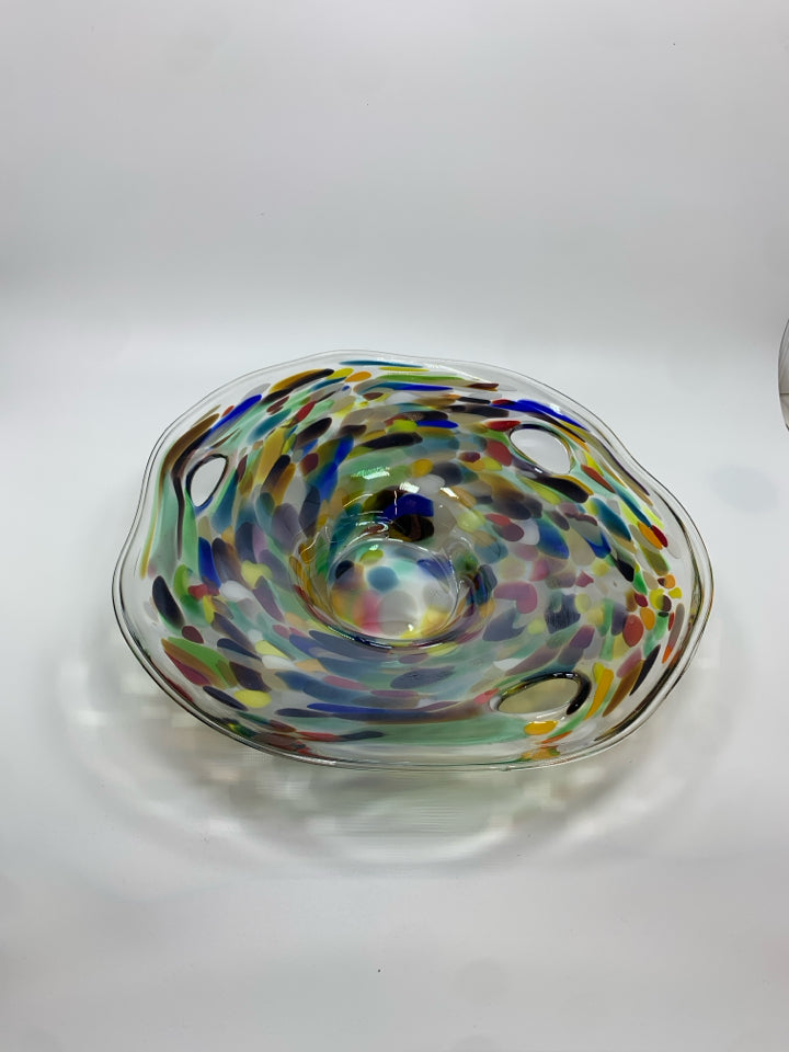 MULTI COLORED BLOWN GLASS BOWL.