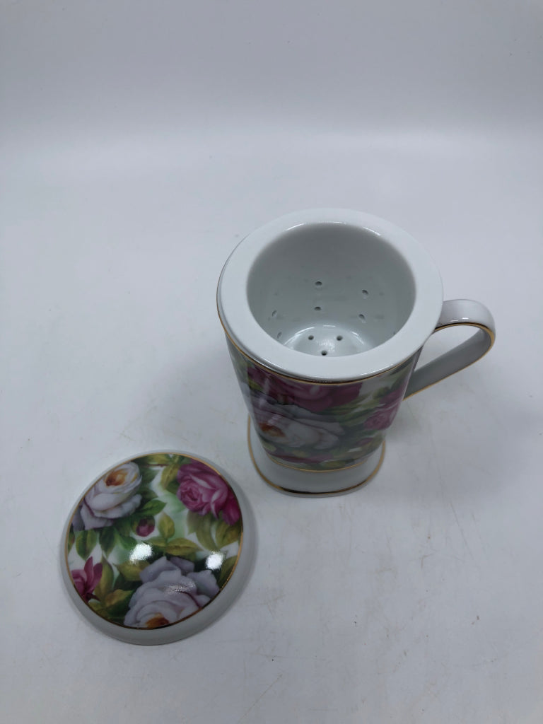FLORAL PORCELAIN MUG W/ INFUSER +LID.