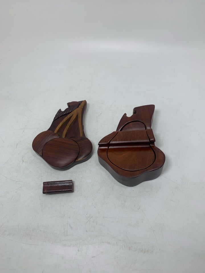 DARK WOOD CARVED CHERRIES PUZZLE TRINKET BOX.