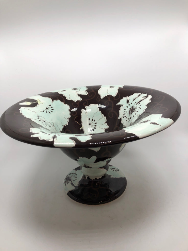 BROWN FLORAL PEDESTAL BOWL.