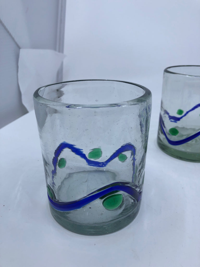 4 GREEN AND BLUE SHORT BLOWN GLASS GLASSES.