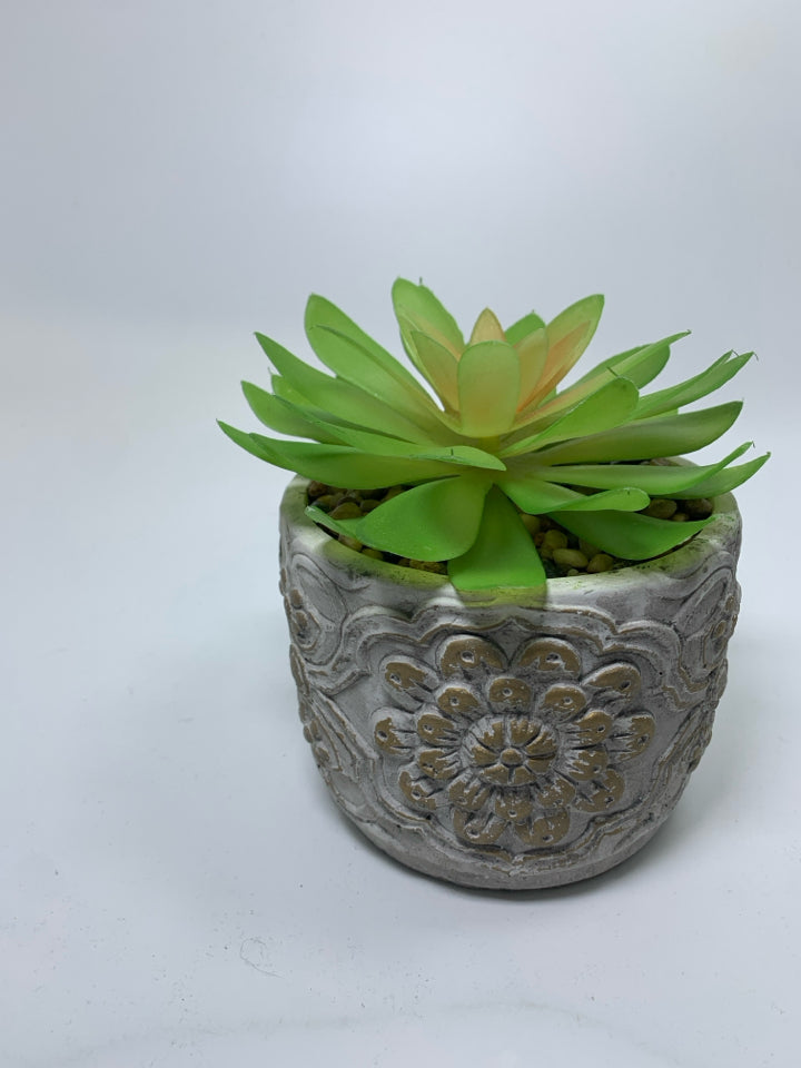 EMBOSSED FLORAL PLANTER W/ FAUX SUCCULENT.