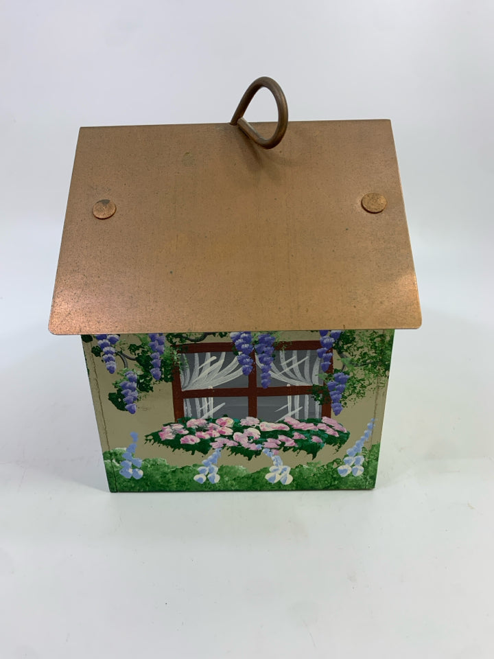 HAND PAINTED BIRD HOUSE WITH COPPER TIN ROOF.