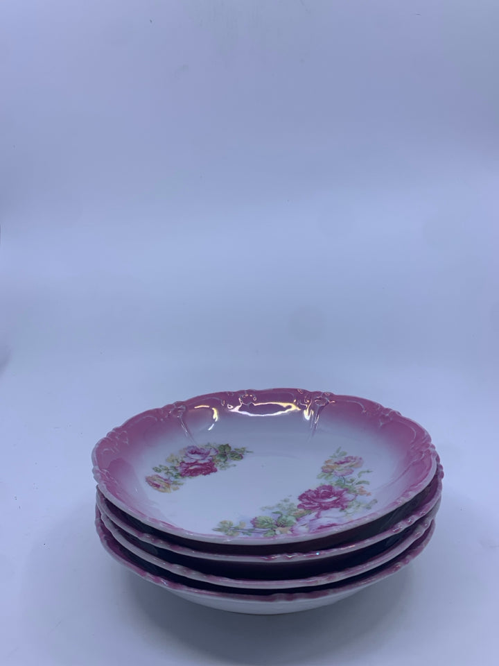 4 VTG PINK OMBRE FLORAL SHALLOW BOWLS.