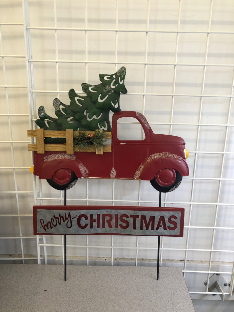 METAL RED TRUCK "MERRY CHRISTMAS" YARD STAKE SIGN.