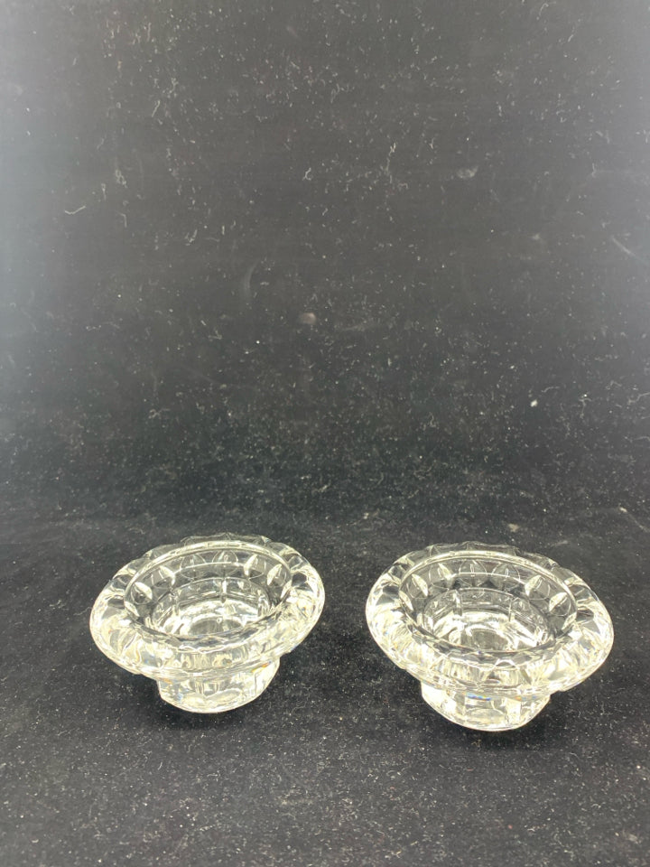 2 SHORT GLASS TAPERED CANDLE HOLDERS MADE IN FRANCE.