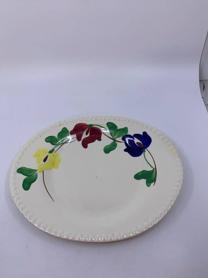 VTG IVORY PLATTER W/ YELLOW/RED/BLUE FLOWERS W/ BEADED EDGE.