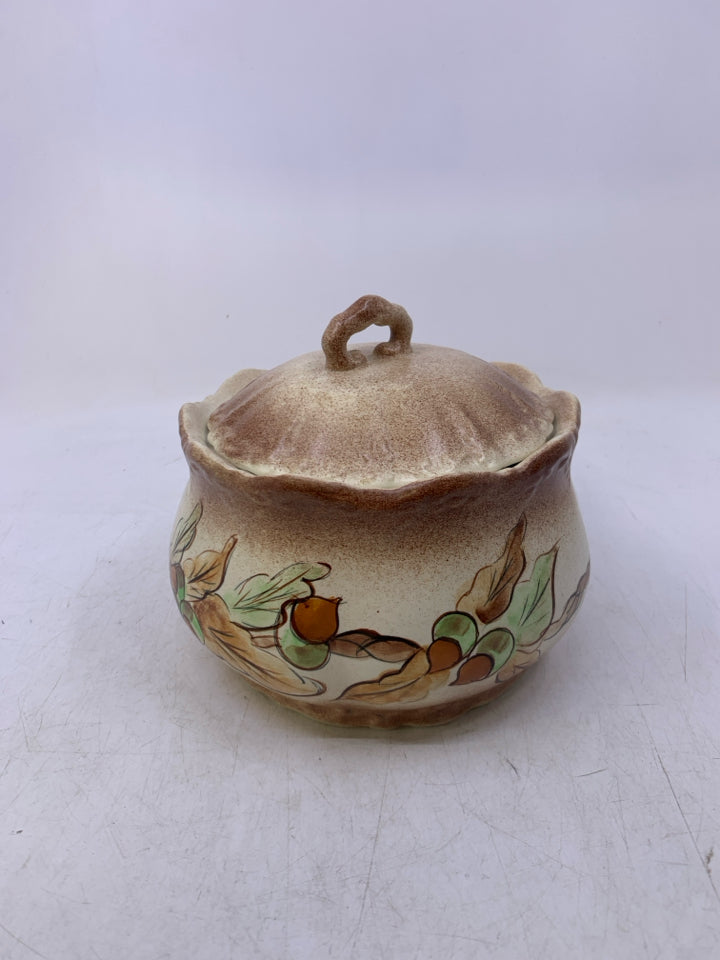 VTG CREAM BROWN SPECKLED PAINTED LEAVES/VINES.