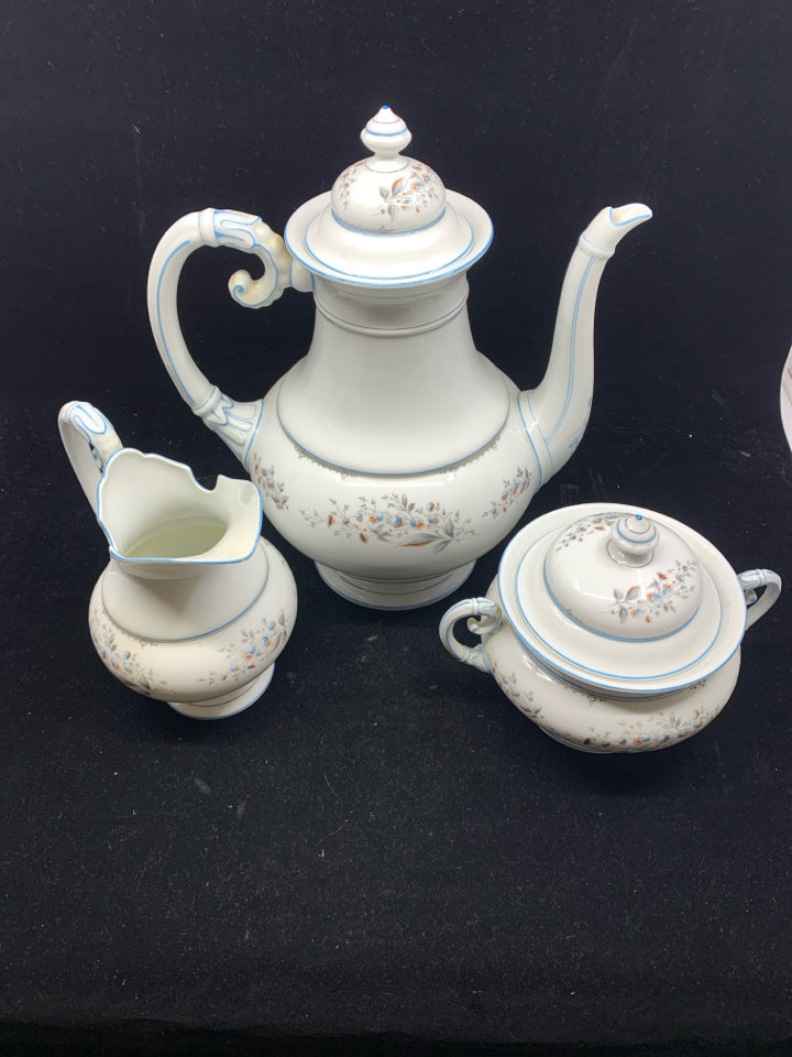 3 PC FLORA TEA SET: TEAPOT, CREAM + SUGAR.