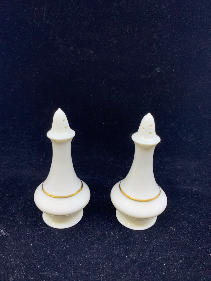 LENOX SALT + PEPPER SHAKERS WITH GOLD DETAIL.