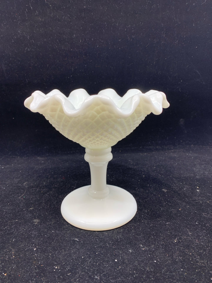 VTG MILK GLASS HOBNAIL FOOTED CANDY DISH.