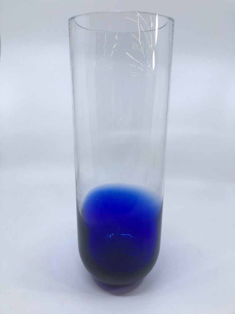 BLUE TO CLEAR GLASS VASE.
