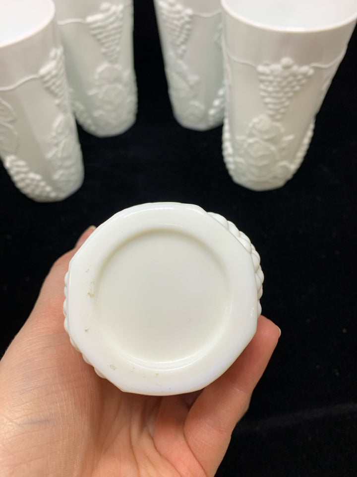 5 VTG MILK GLASS TUMBLERS W/EMBOSSED FRUIT.