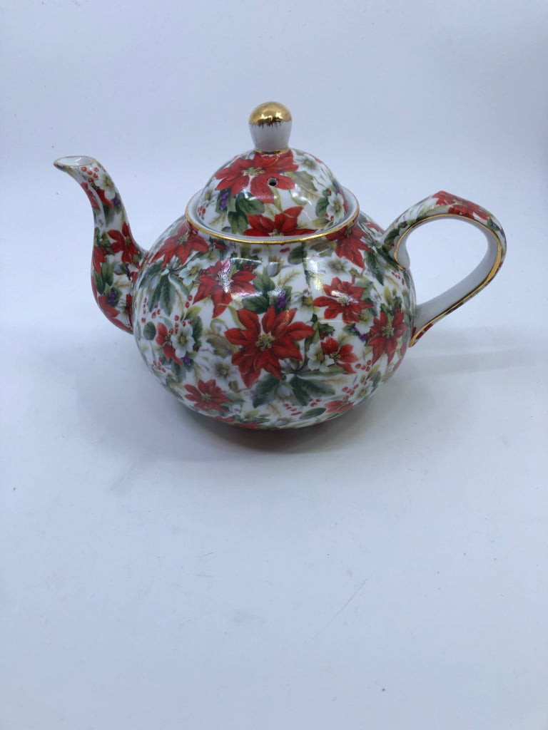 WHITE W/ RED POINSETTIA TEA POT.