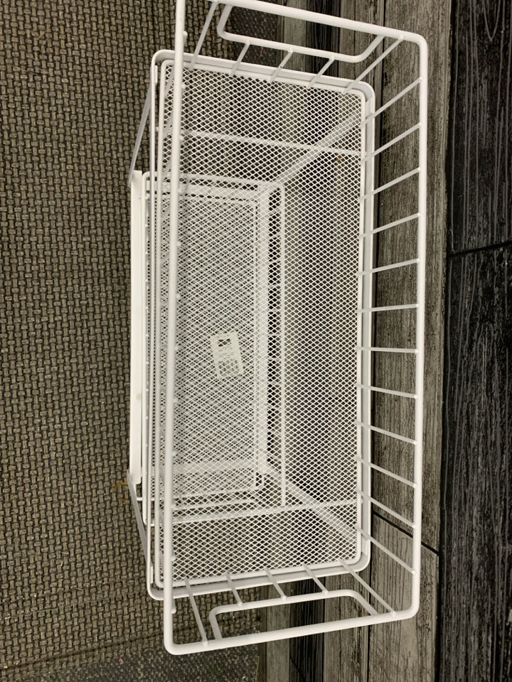 2 TIER WHITE METAL NARROW CABINET STORAGE SHELVES.