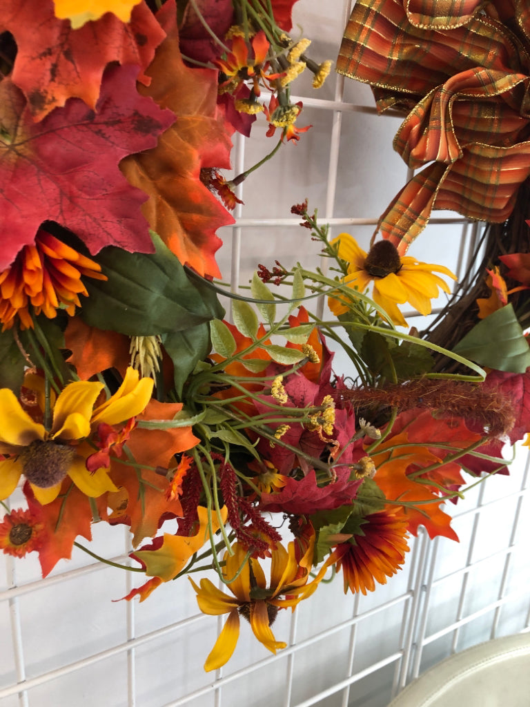 FALL FOLIAGE WREATH W/ORANGE PLAID RIBBON.