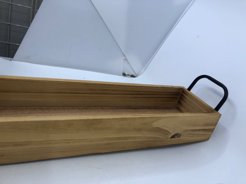 LONG WOOD CRATE W BLACK METAL HANDLE.