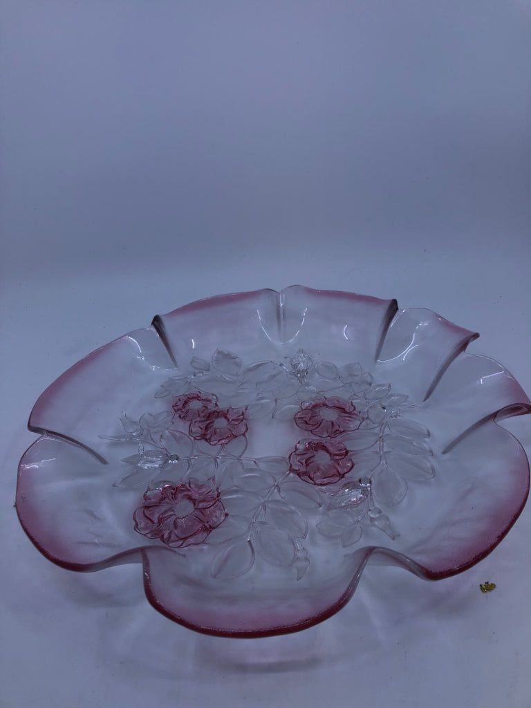 PINK GLASS EMBOSSED FLOWERS DISH.