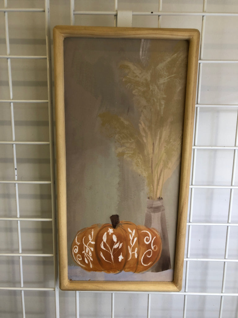 PAINTED PUMPKIN, UNFINISHED WOOD WALL HANGING.