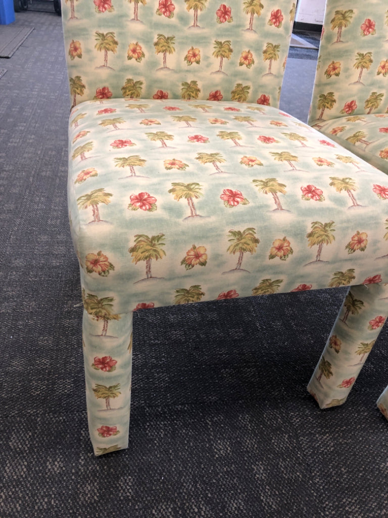 2 HIGH BACK PARSON DINING CHAIRS W/VTG HAWAII PRINT.