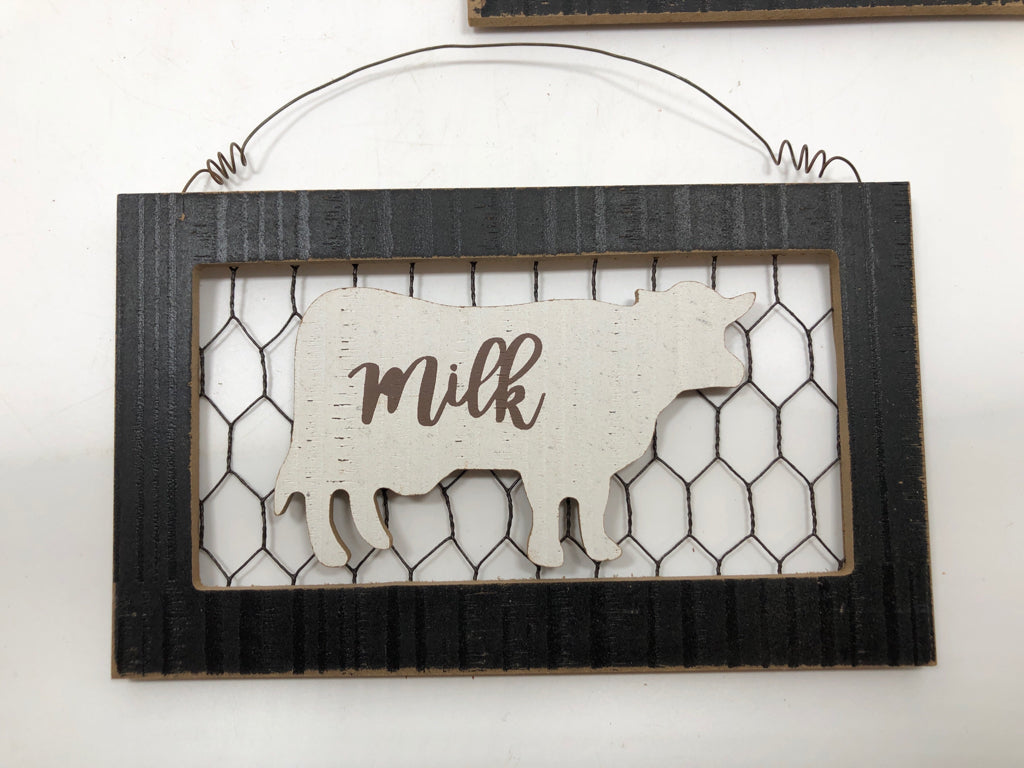 3PC RUSTIC "EGGS/MILK" WOODEN WALL HANGINGS.