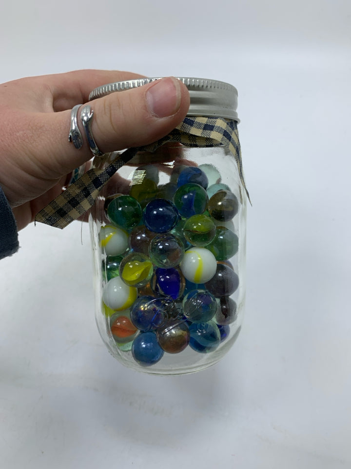 GLASS MASON JAR W/ MARBLES.