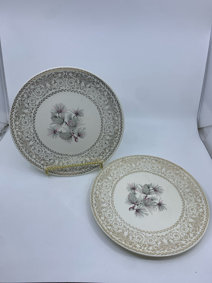2 VTG PINE CONE BEIGE,GOLD,PINK,GREEN DINNER PLATES.