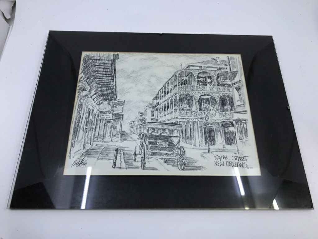 ROYAL STREET NEW ORLEANS-FRAMED CHARCOAL DRAWING.