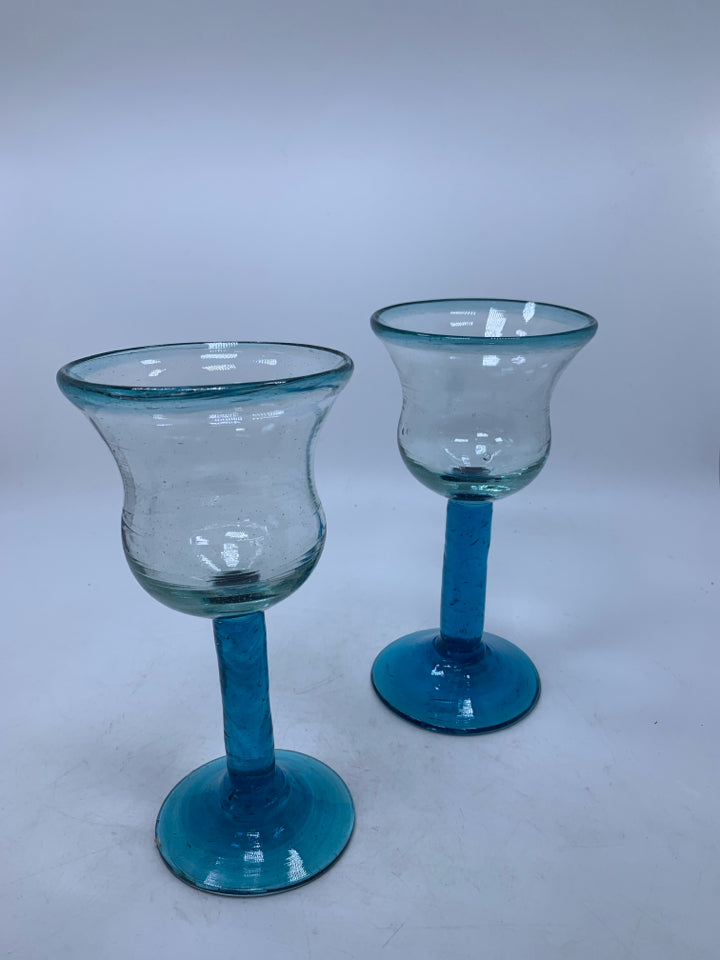2 HAND BLOWN BLOWN BLUE STEM WINE GLASSES.