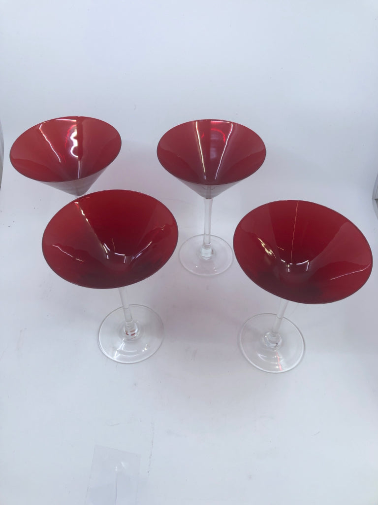 4 BRIGHT RED MARTINI GLASSES.