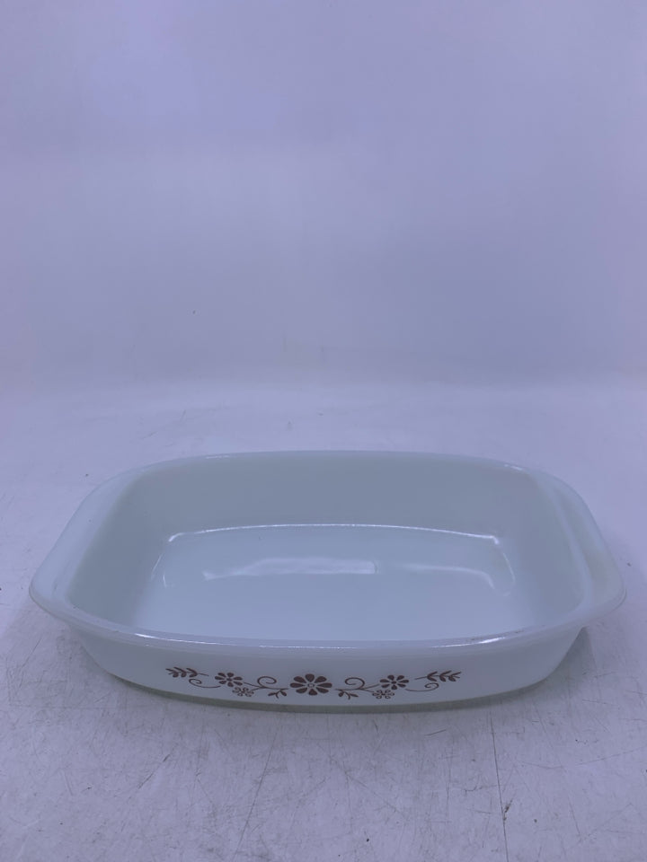 VTG WHITE GLASS LOAF PAN W/ BROWN FLOWERS.