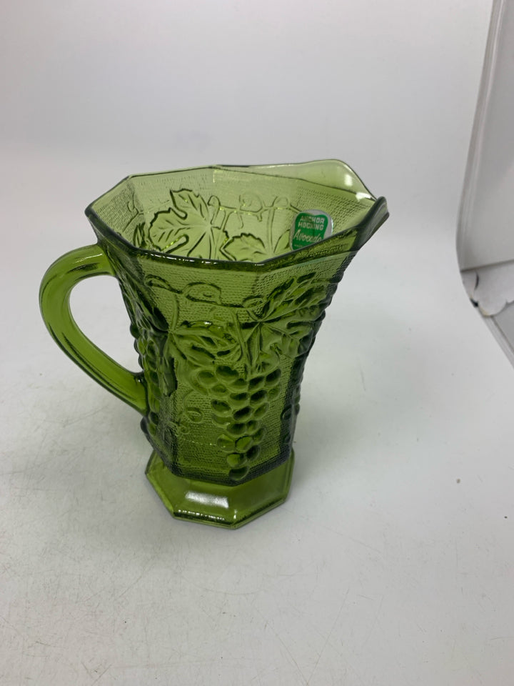 VTG GLASS EMBOSSED GRAPES & VINE PITCHER AVOCADO GREEN.
