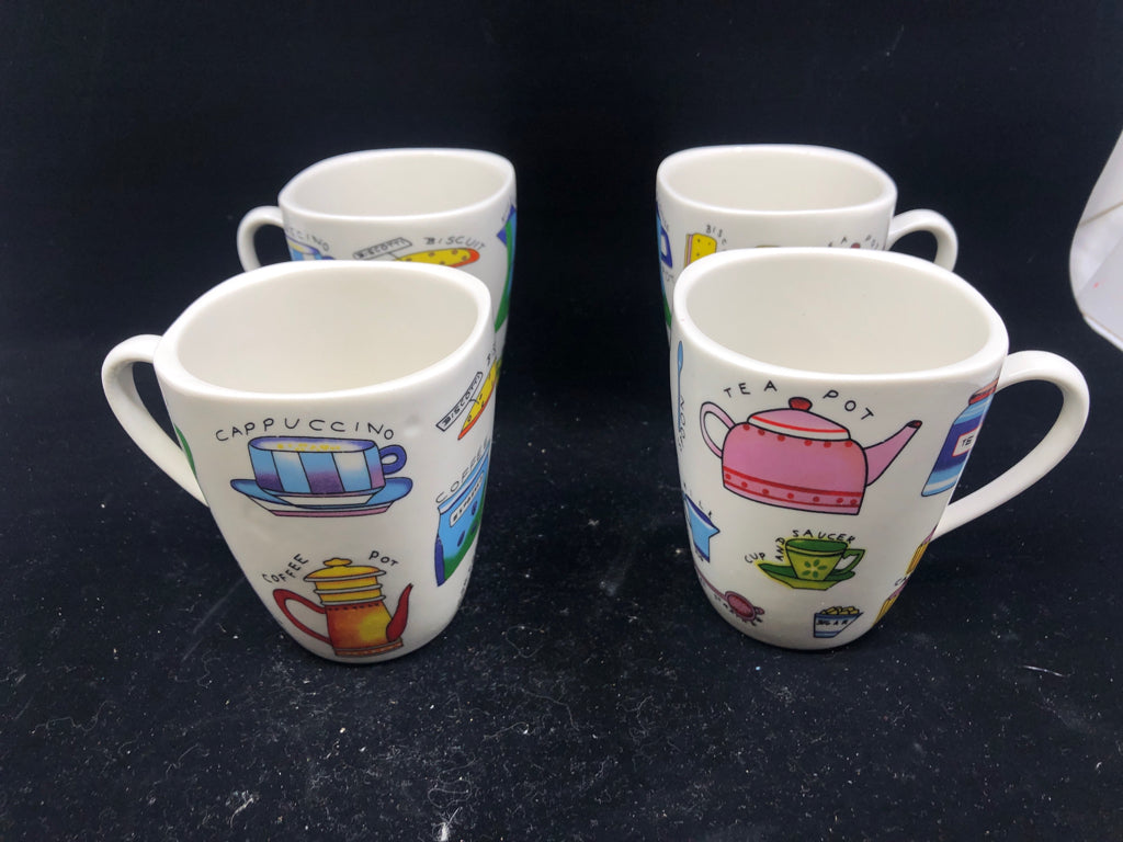 4 FLOMO CERAMIC TEA THEMED MUGS.