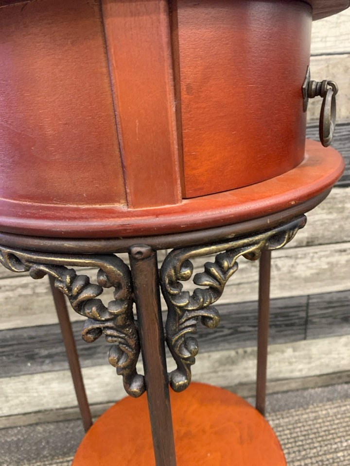 VTG ROUND RED WOOD END TABLE W/ DRAWER.