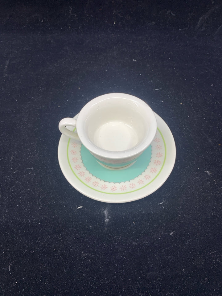 TEAL TEA LIGHT CUP+SAUCER CANDLE HOLDER.