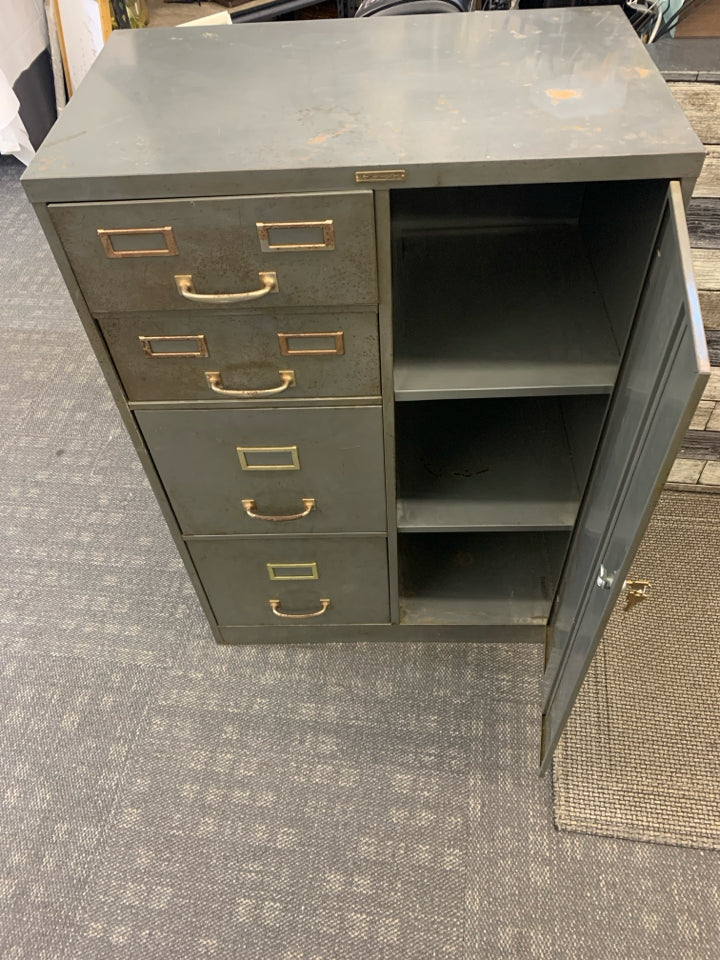 VINTAGE LOCKING GREY FILE CABINET W/KEYS 4 DRAWERS AND A DOOR.