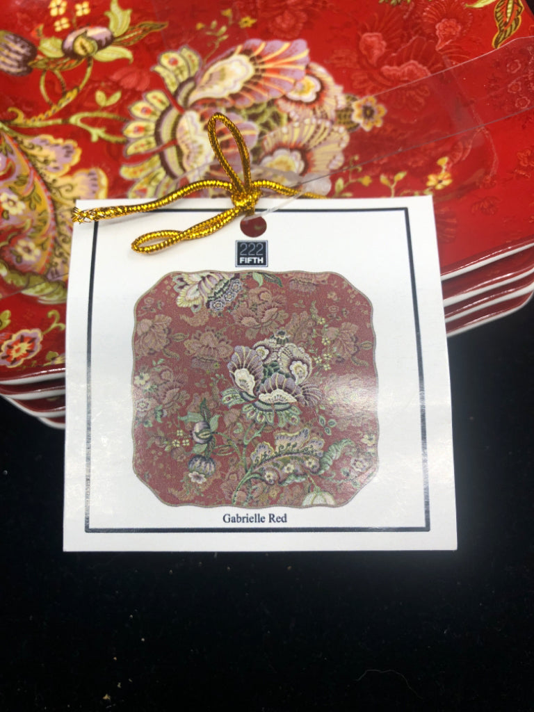 4 NIP RED PAISLEY PLATES.