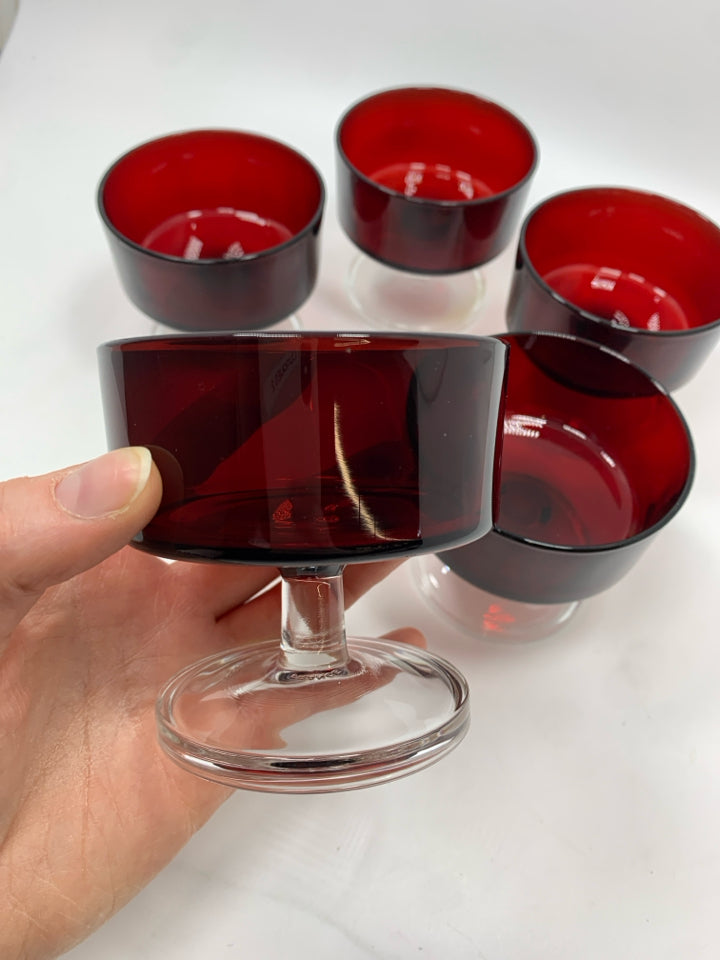 5 RED GLASS TRIFLE DISHES.