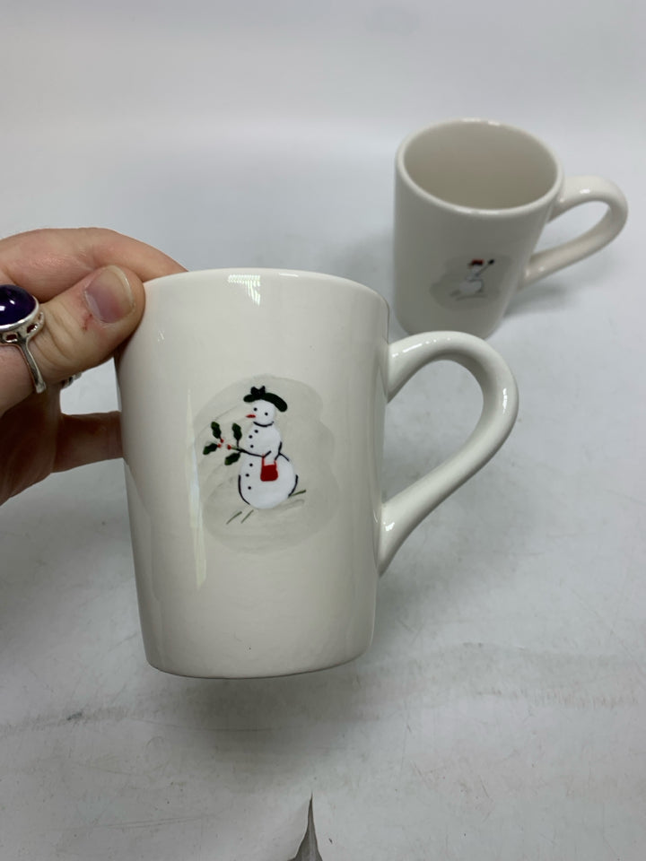 2 WILLIAM-SONOMA WHITE SNOWMAN MUGS.