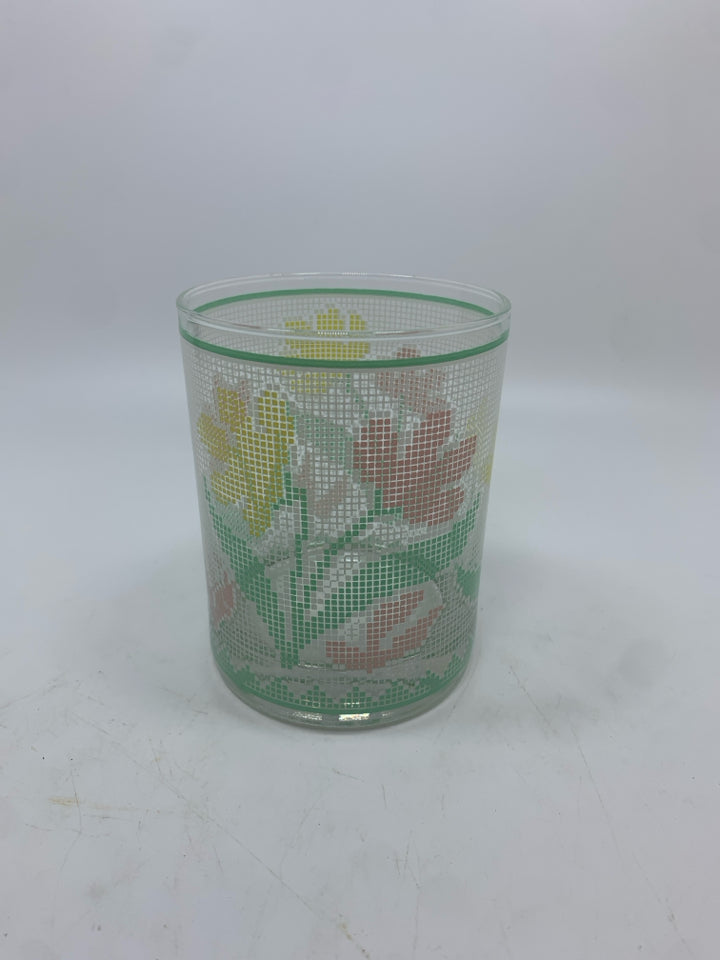 5 VTG YELLOW/PINK FLOWER GLASSES.